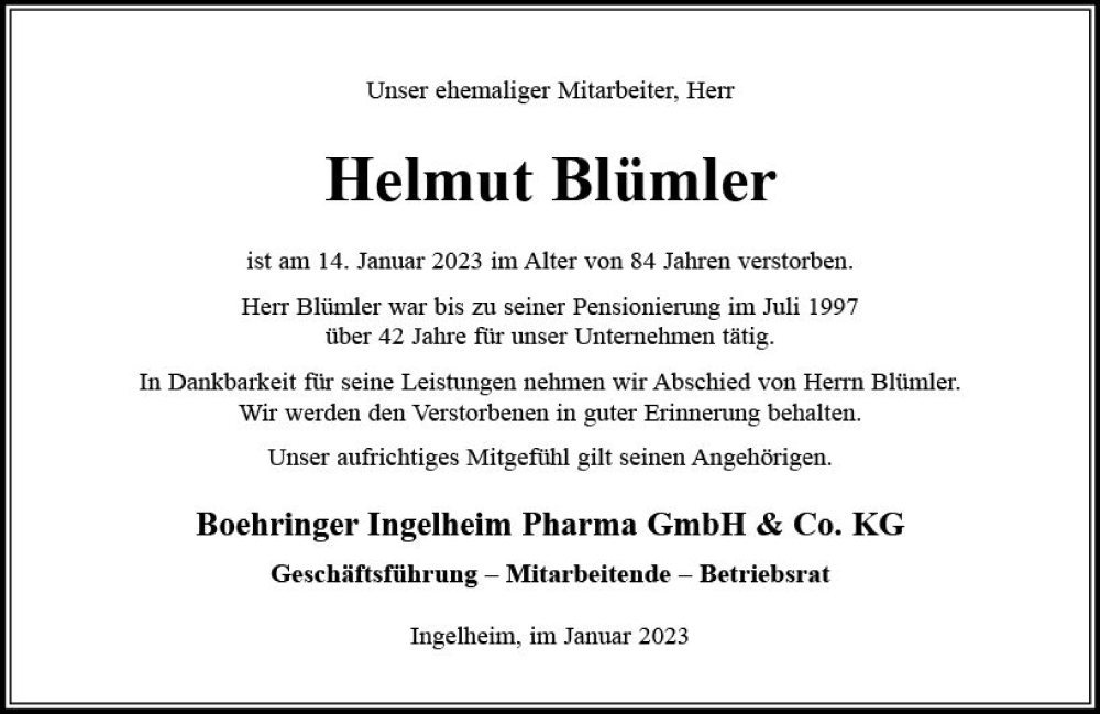  Traueranzeige für Helmut Blümler vom 28.01.2023 aus Allgemeine Zeitung Ingelheim-Bingen