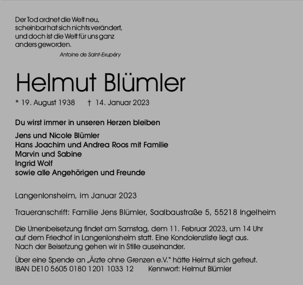  Traueranzeige für Helmut Blümler vom 28.01.2023 aus Allgemeine Zeitung Ingelheim-Bingen