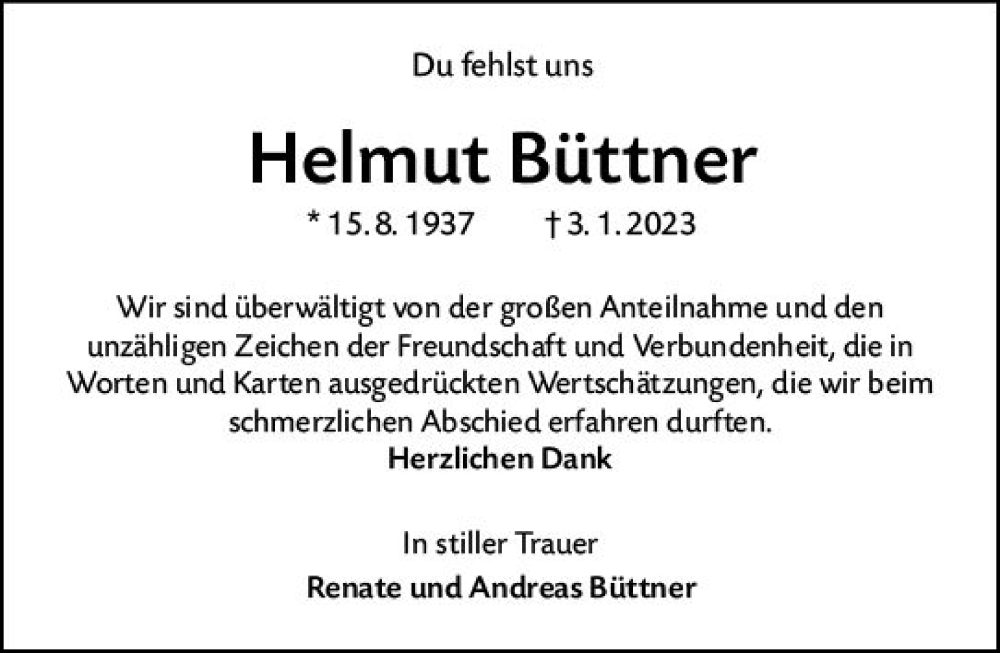  Traueranzeige für Helmut Büttner vom 28.01.2023 aus Darmstädter Echo