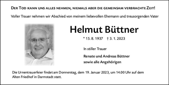 Traueranzeige von Helmut Büttner von Darmstädter Echo