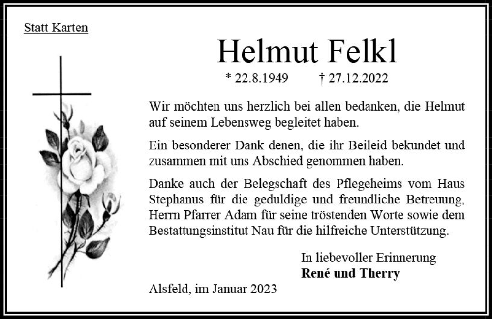  Traueranzeige für Helmut Felkl vom 28.01.2023 aus OK Oberhessen Kurier