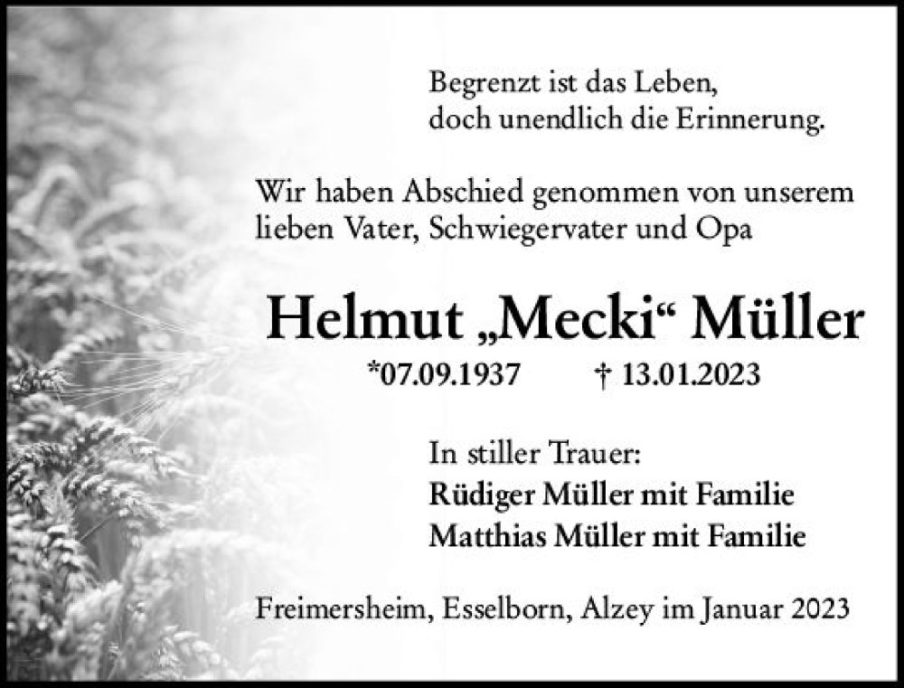  Traueranzeige für Helmut Müller vom 27.01.2023 aus Allgemeine Zeitung Alzey