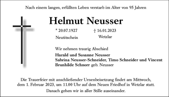 Traueranzeige von Helmut Neusser von Wetzlarer Neue Zeitung