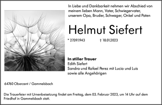 Traueranzeige von Helmut Siefert von Odenwälder Echo
