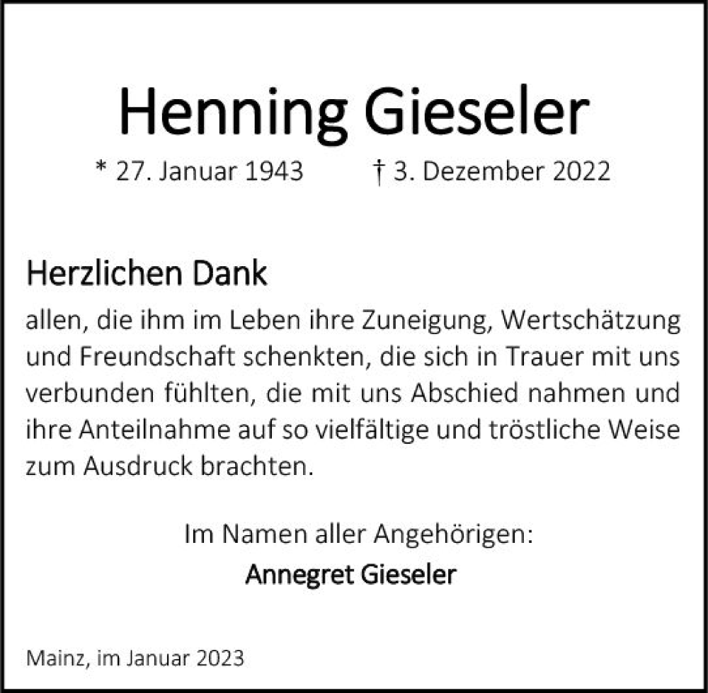  Traueranzeige für Henning Gieseler vom 28.01.2023 aus Allgemeine Zeitung Mainz