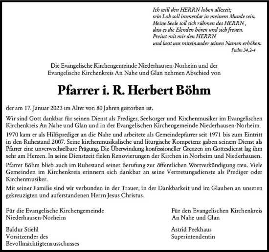 Traueranzeige von Herbert Böhm von Allgemeine Zeitung Bad Kreuznach