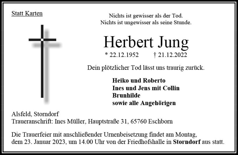  Traueranzeige für Herbert Jung vom 19.01.2023 aus VRM Trauer