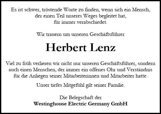 Traueranzeige von Herbert Lenz von Allgemeine Zeitung Mainz