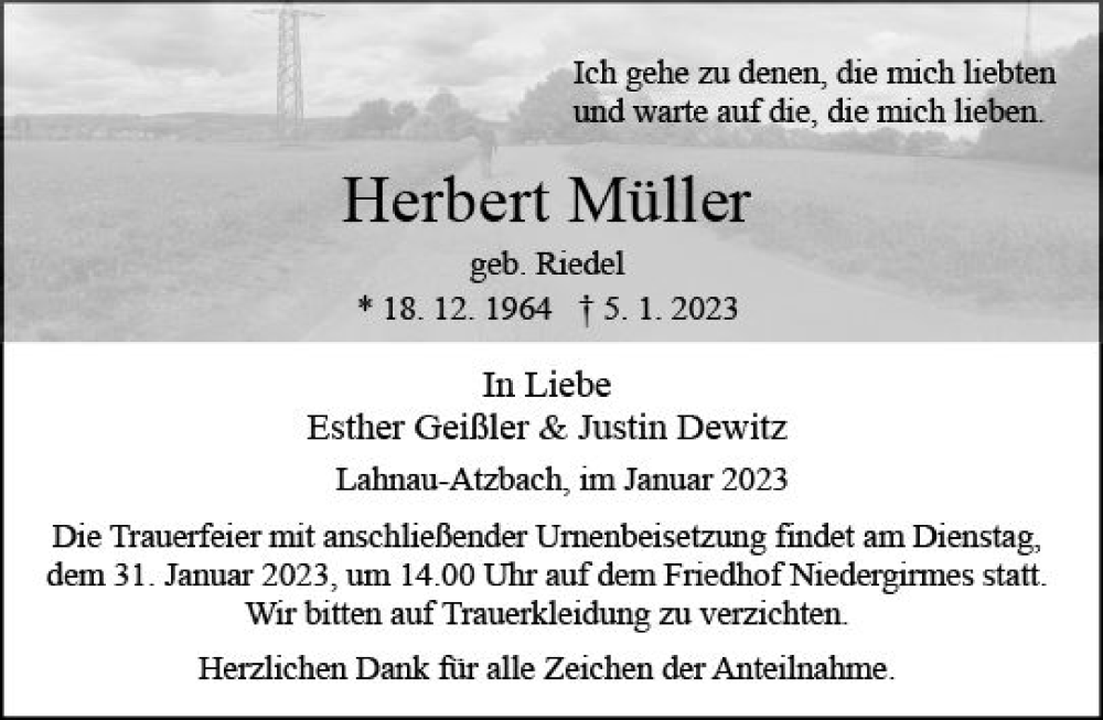 Traueranzeige für Herbert Müller vom 26.01.2023 aus Wetzlarer Neue Zeitung