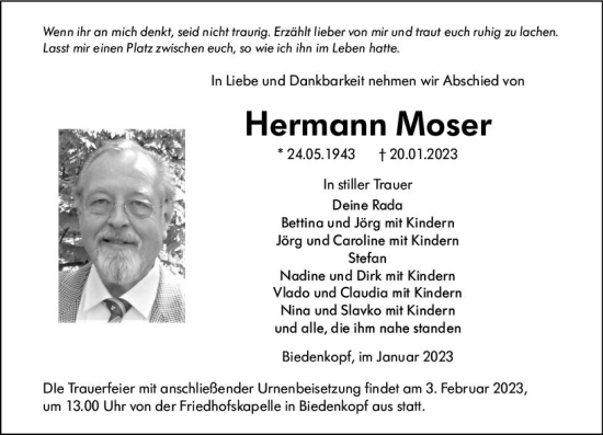 Traueranzeige von Hermann Moser von Hinterländer Anzeiger