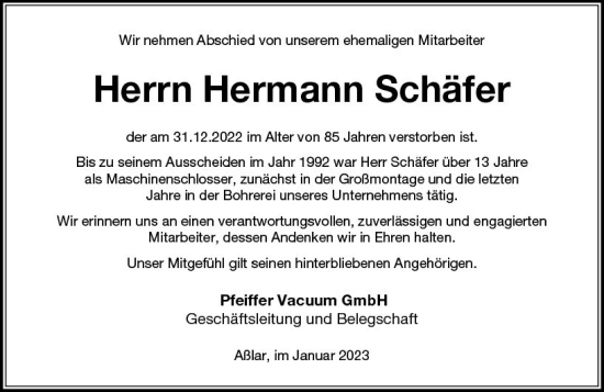 Traueranzeige von Hermann Schäfer von Wetzlarer Neue Zeitung
