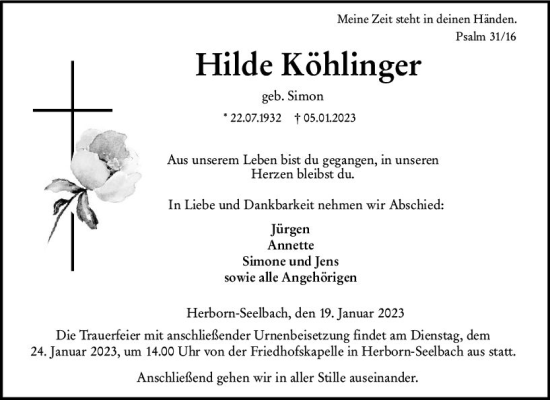 Traueranzeige von Hilde Köhlinger von Dill Block