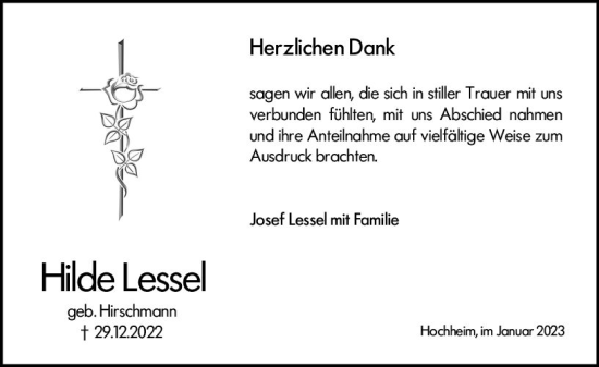 Traueranzeige von Hilde Lessel von Hochheimer Zeitung