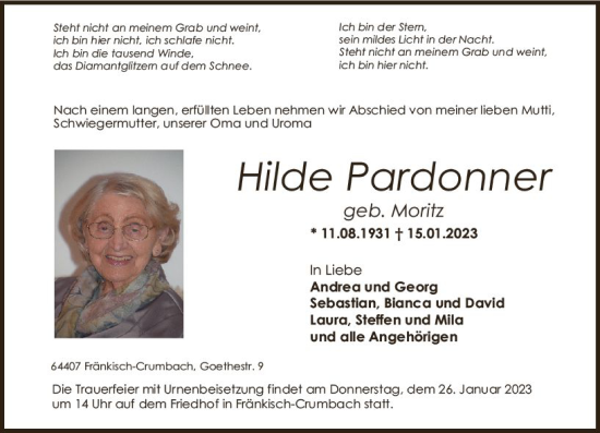Traueranzeige von Hilde Pardonner von Bergsträßer Anzeiger
