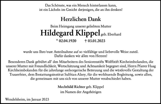 Traueranzeige von Hildegard Klippel von Allgemeine Zeitung Alzey