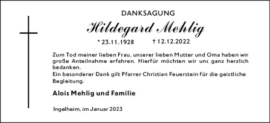 Traueranzeige von Hildegard Mehlig von Allgemeine Zeitung Ingelheim-Bingen