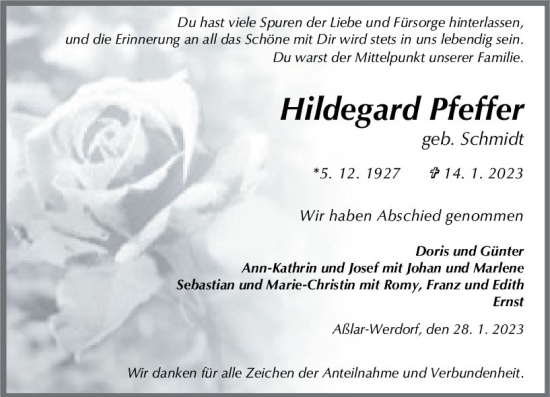 Traueranzeige von Hildegard Pfeffer von Wetzlarer Neue Zeitung
