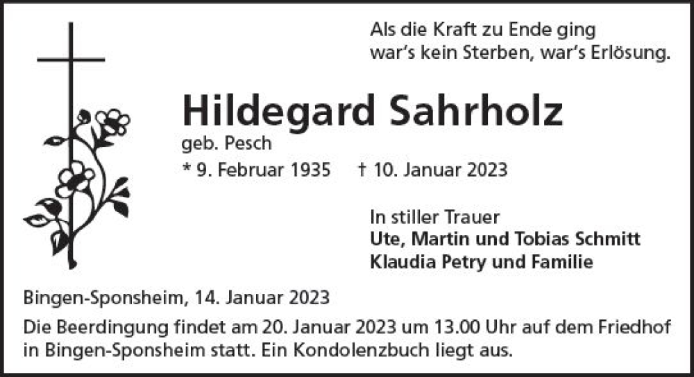  Traueranzeige für Hildegard Sahrholz vom 17.01.2023 aus Allgemeine Zeitung Ingelheim-Bingen