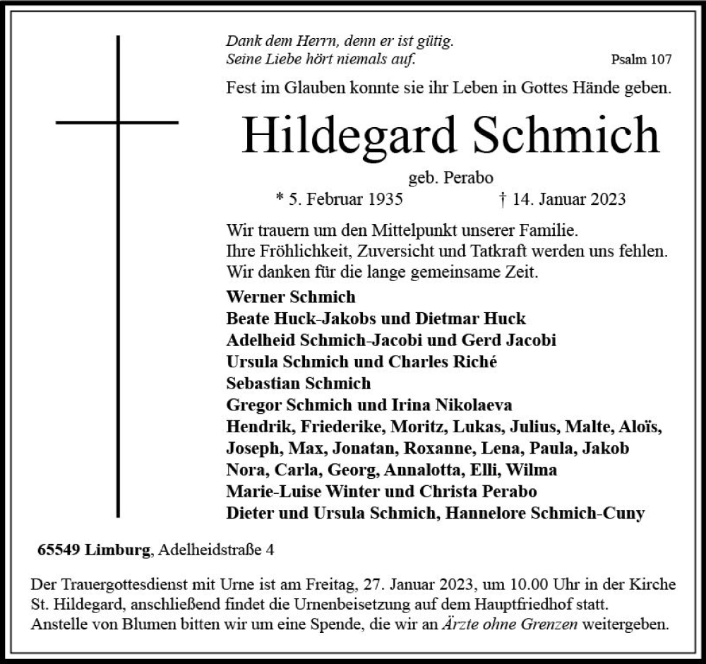  Traueranzeige für Hildegard Schmich vom 21.01.2023 aus Nassauische Neue Presse