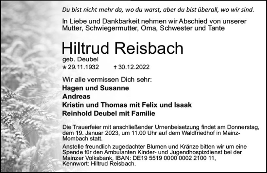 Traueranzeige von Hiltrud Reisbach von Allgemeine Zeitung Mainz