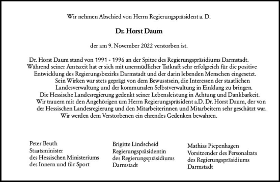 Traueranzeige von Horst Daum von Darmstädter Echo