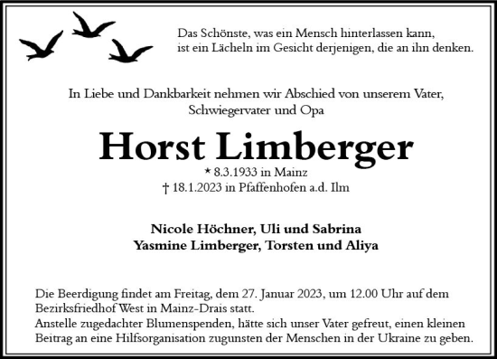 Traueranzeige von Horst Limberger von Allgemeine Zeitung Mainz