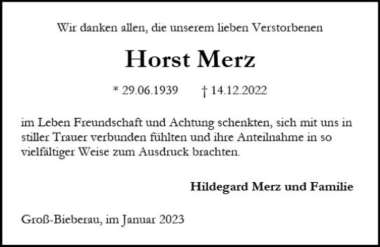 Traueranzeige von Horst Merz von Darmstädter Echo