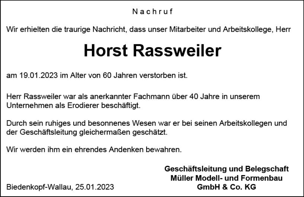  Traueranzeige für Horst Rassweiler vom 25.01.2023 aus Hinterländer Anzeiger