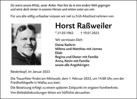Traueranzeige von Horst Raßweiler von Hinterländer Anzeiger