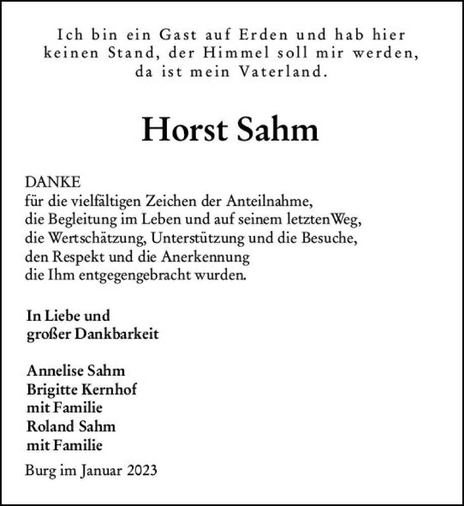  Traueranzeige für Horst Sahm vom 28.01.2023 aus Dill Block