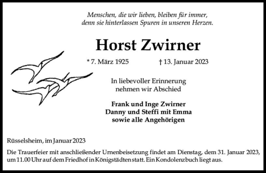 Traueranzeige von Horst Zwirner von Rüsselsheimer Echo
