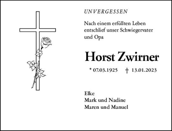Traueranzeige von Horst Zwirner von Rüsselsheimer Echo
