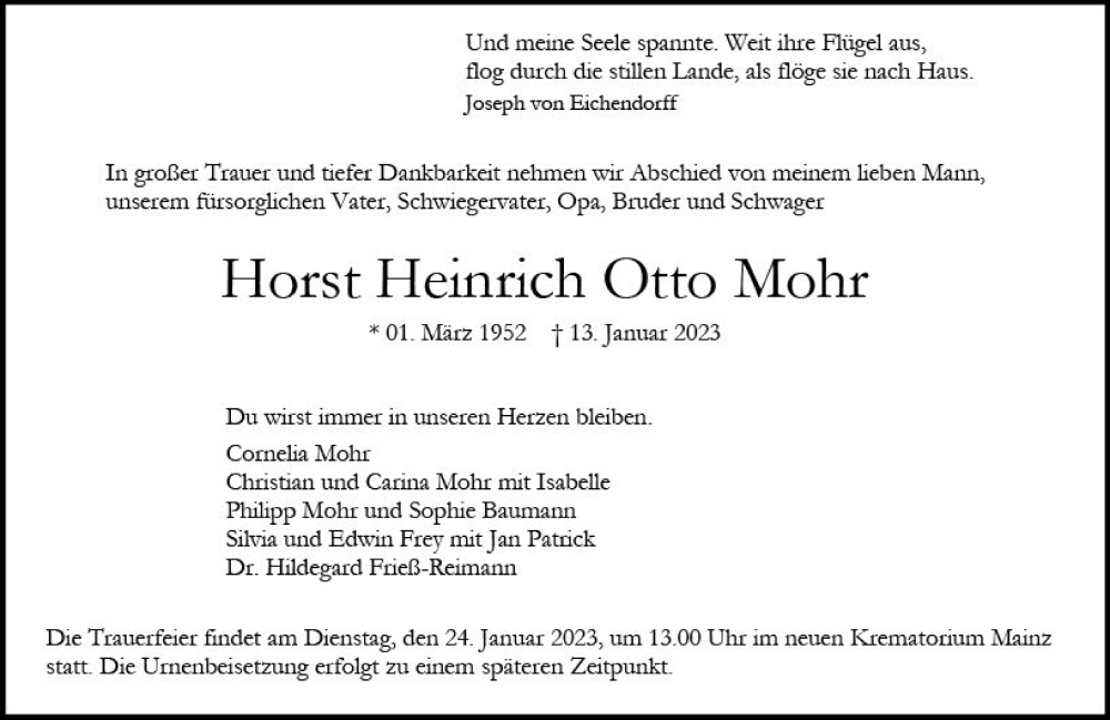  Traueranzeige für Horst Heinrich Otto Mohr vom 21.01.2023 aus Allgemeine Zeitung Mainz