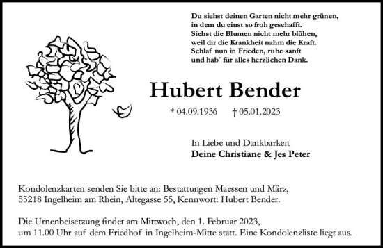 Traueranzeige von Hubert Bender von Allgemeine Zeitung Ingelheim-Bingen