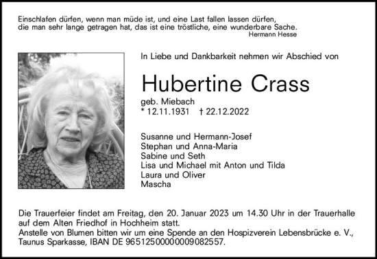 Traueranzeige von Hubertine Crass von Hochheimer Zeitung