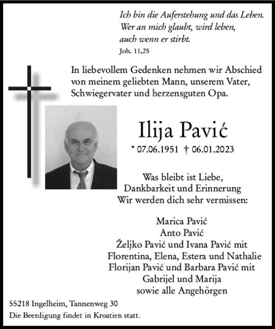 Traueranzeige von Ilija Pavic von Allgemeine Zeitung Ingelheim-Bingen