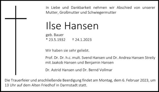 Traueranzeige von Ilse Hansen von Darmstädter Echo