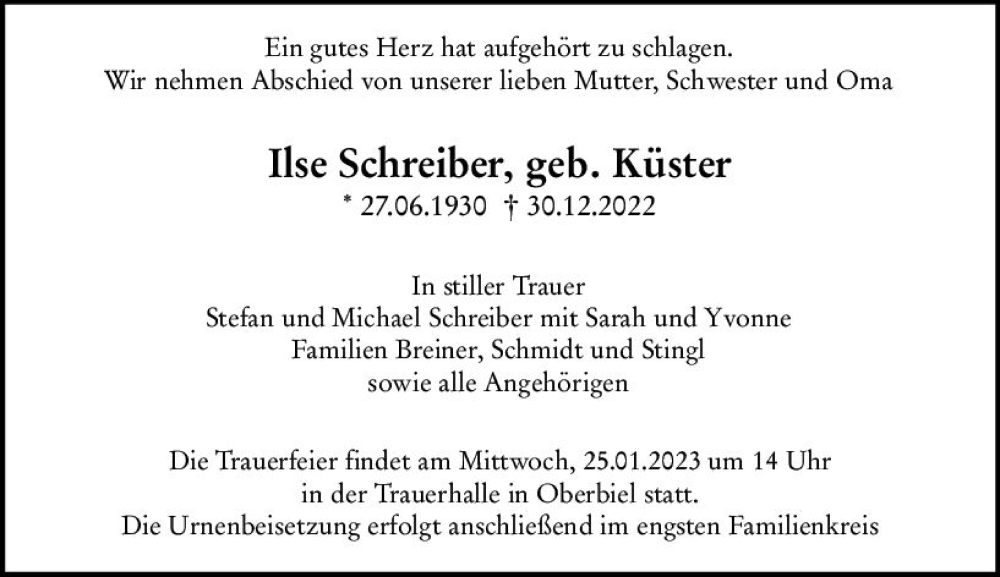  Traueranzeige für Ilse Schreiber vom 21.01.2023 aus Wetzlarer Neue Zeitung