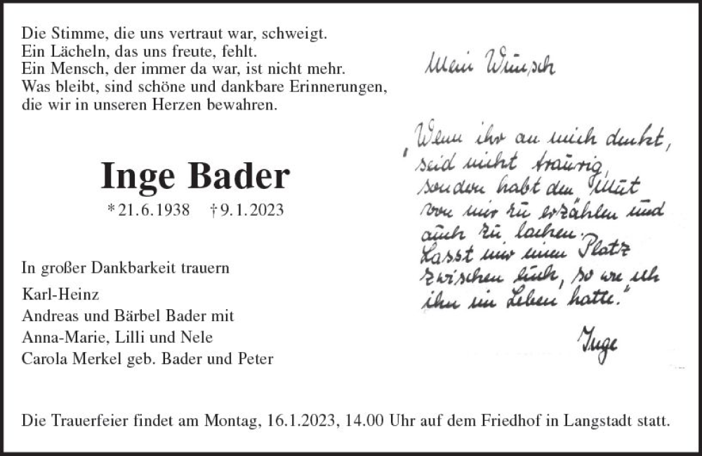  Traueranzeige für Inge Bader vom 13.01.2023 aus Darmstädter Echo