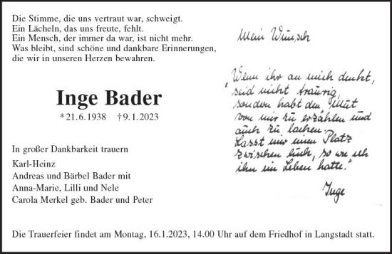 Traueranzeige von Inge Bader von Odenwälder Echo