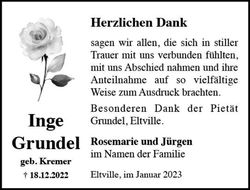  Traueranzeige für Inge Grundel vom 14.01.2023 aus WK Rheingau