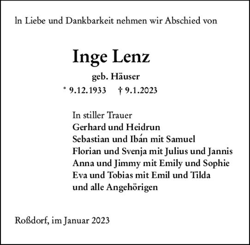  Traueranzeige für Inge Lenz vom 14.01.2023 aus Darmstädter Echo