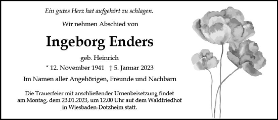 Traueranzeige von Ingeborg Enders von Wiesbadener Kurier gesamt