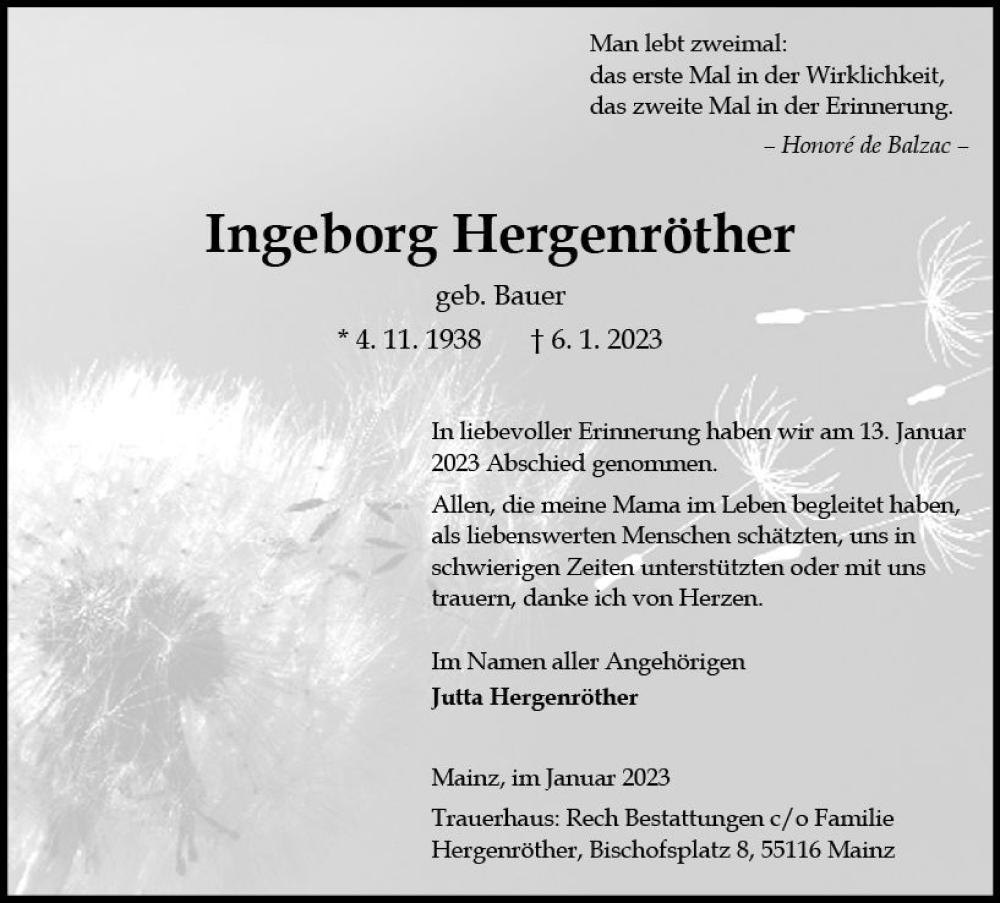  Traueranzeige für Ingeborg Hergenröther vom 14.01.2023 aus Allgemeine Zeitung Mainz