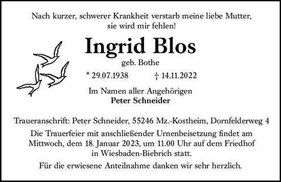 Traueranzeige von Ingrid Blos von Wiesbadener Kurier gesamt