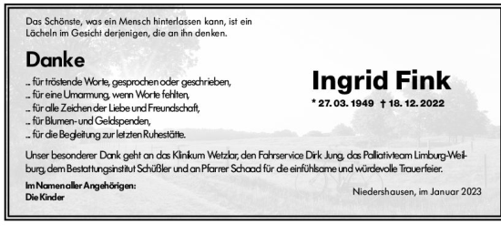 Traueranzeige von Ingrid Fink von Weilburger Tageblatt