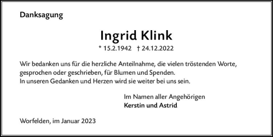 Traueranzeige von Ingrid Klink von Groß-Gerauer Echo