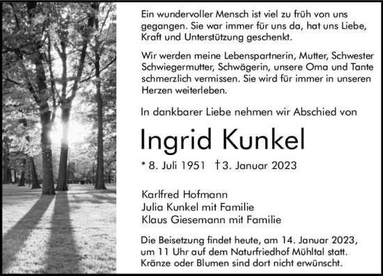 Traueranzeige von Ingrid Kunkel von Darmstädter Echo