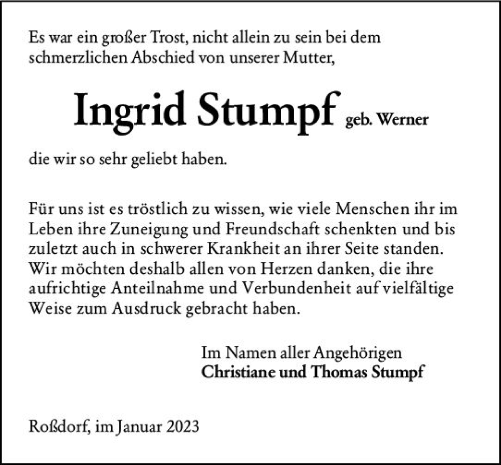  Traueranzeige für Ingrid Stumpf vom 14.01.2023 aus Darmstädter Echo