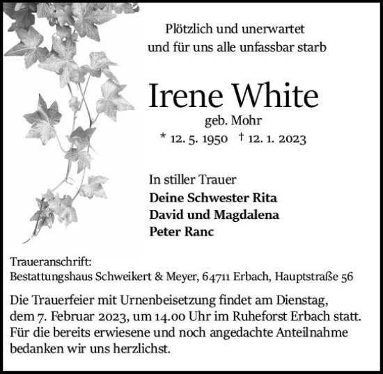 Traueranzeige von Irene White von Odenwälder Echo